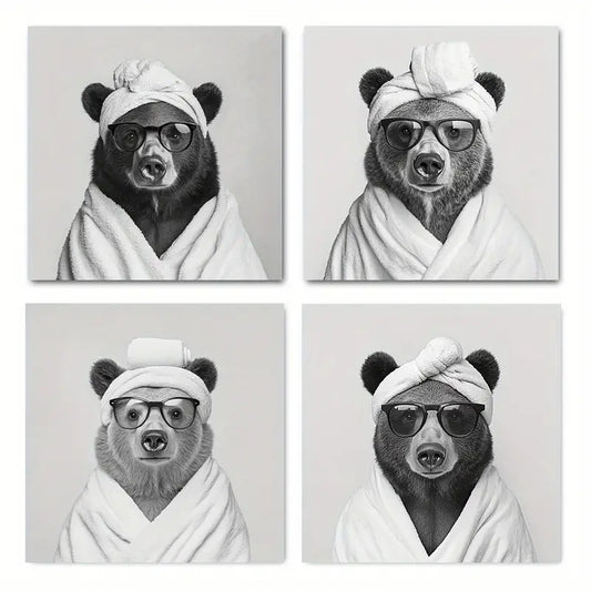 4pcs Abstract Funny Black And White Bear Picture Wall Art Canvas Framed