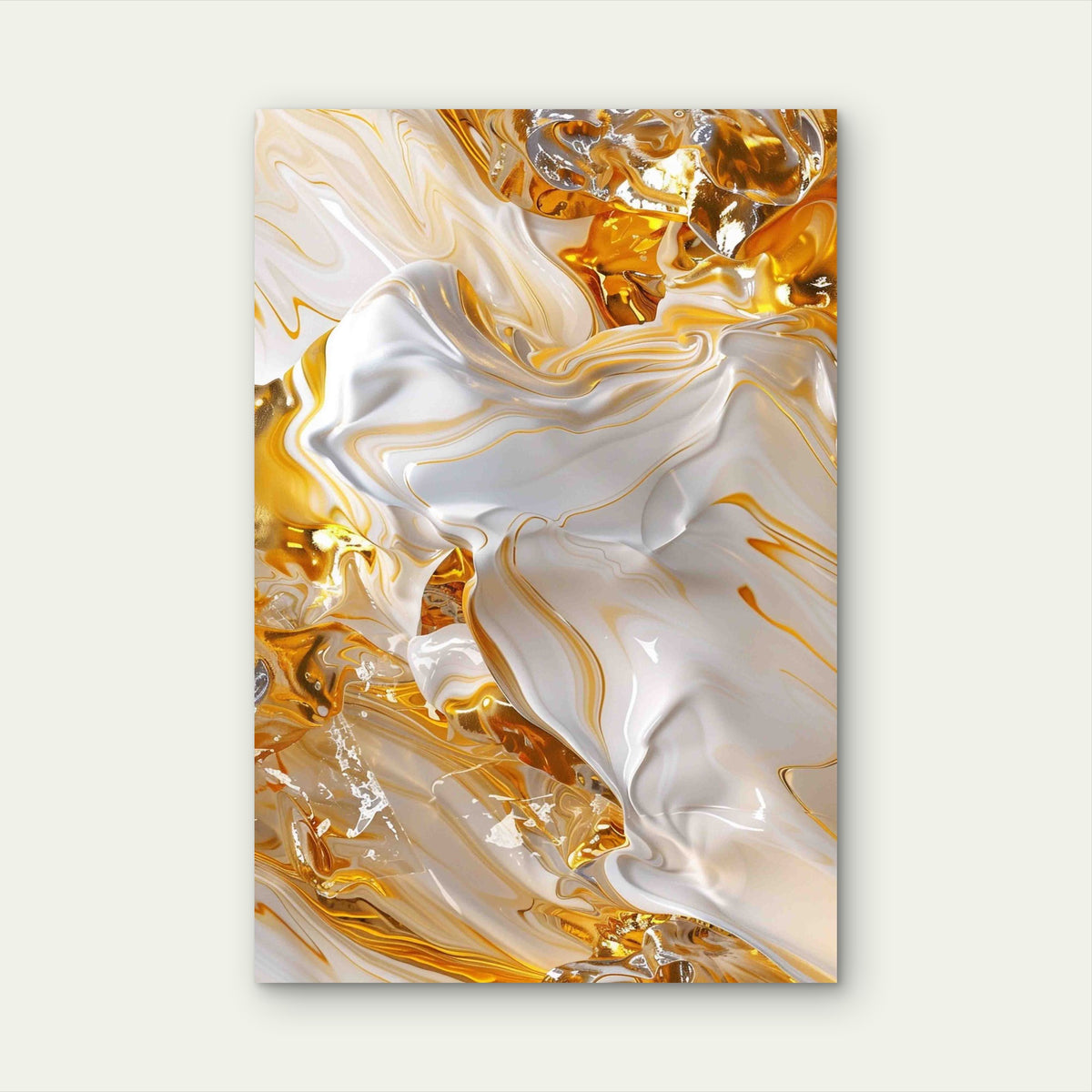 Abstract Gold and White Fluid 60x90cm Metal Print Ready to Hang