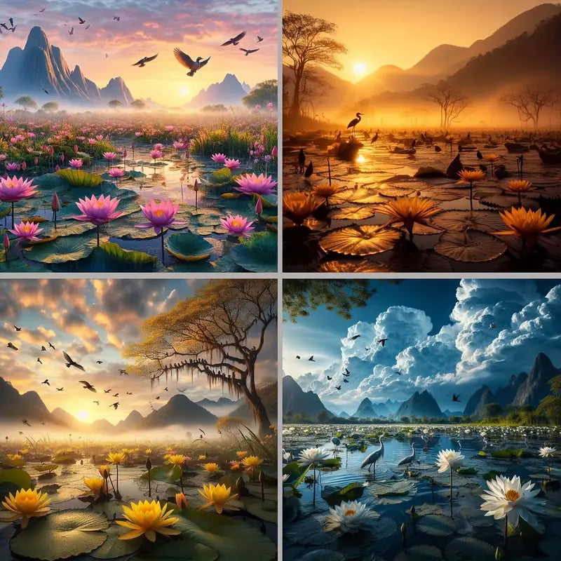 4pcs Lotus And Crane Design Wall Art Canvas Framed