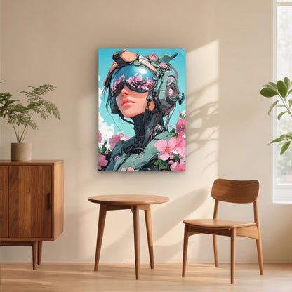 Futuristic Mechanical Armor & Pink Floral 40x60cm Metal Print Ready to Hang