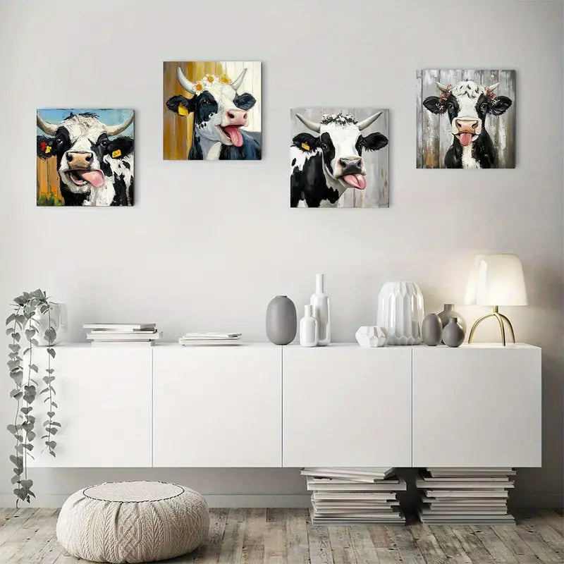 4pcs Black & White Highland Cow With Floral Acc Wall Art Canvas Framed