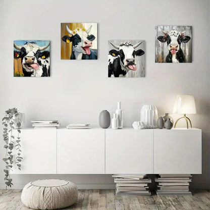 4pcs Black & White Highland Cow With Floral Acc Wall Art Canvas Framed