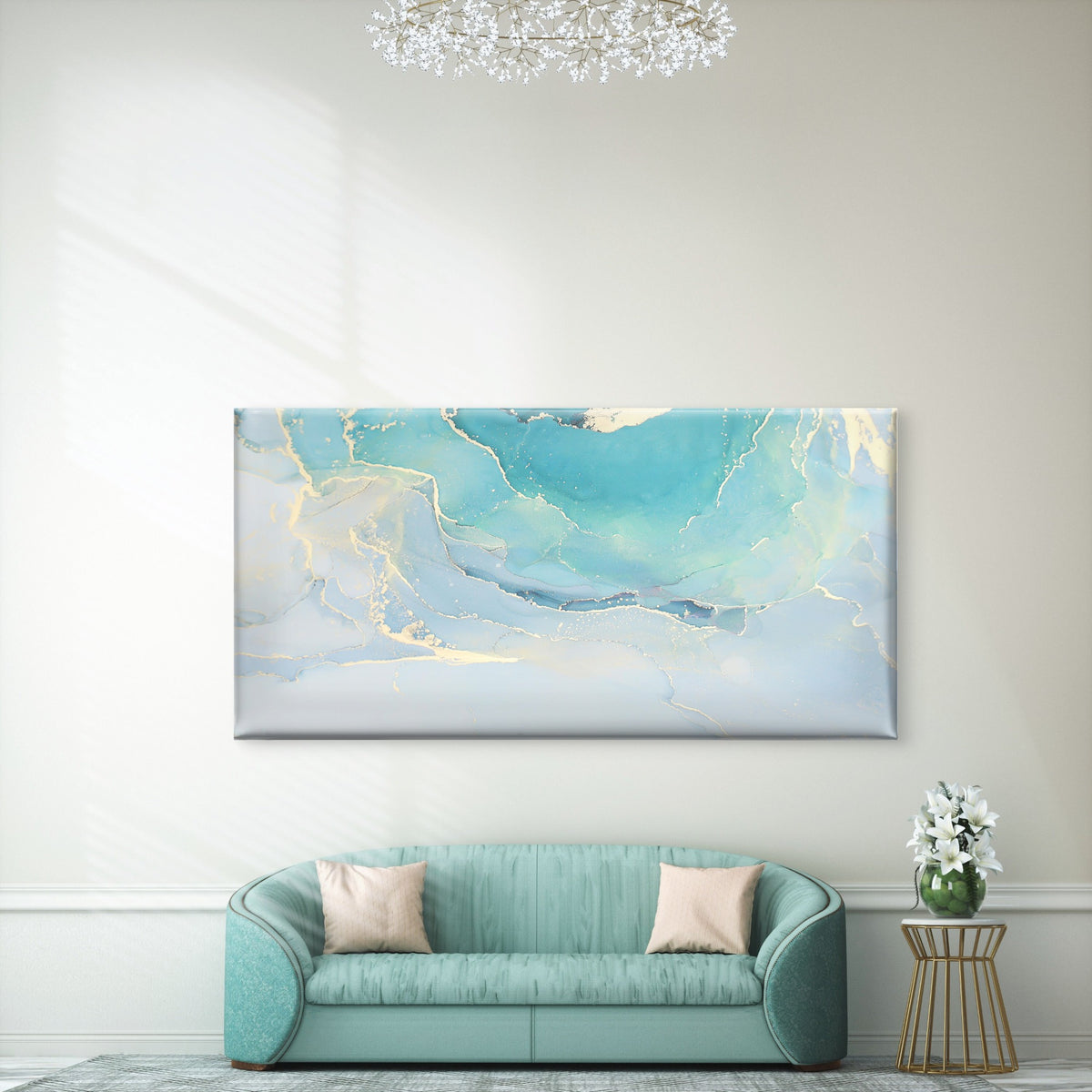 Turquoise Marble Gold Vein Wall Art Canvas Office Home Room Framed 120x60cm