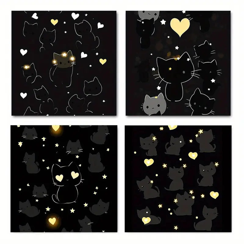 4pcs Black Cat & Golden Hearts Starry Night  Wall Art Canvas Framed