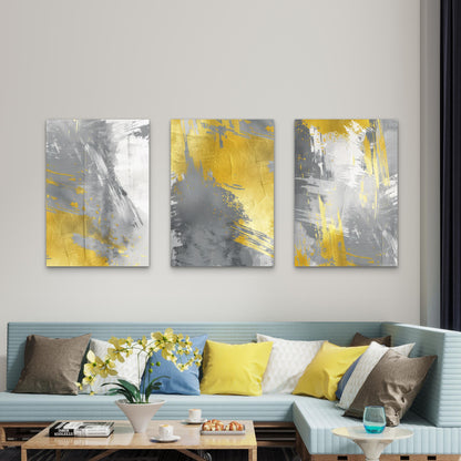 3pcs Modern Yellow Gray Brushstroke Art Painting Wall Art Set Canvas Framed 40x60cm - High Quality Print 100% Australian Made Wall Canvas Ready to Hang