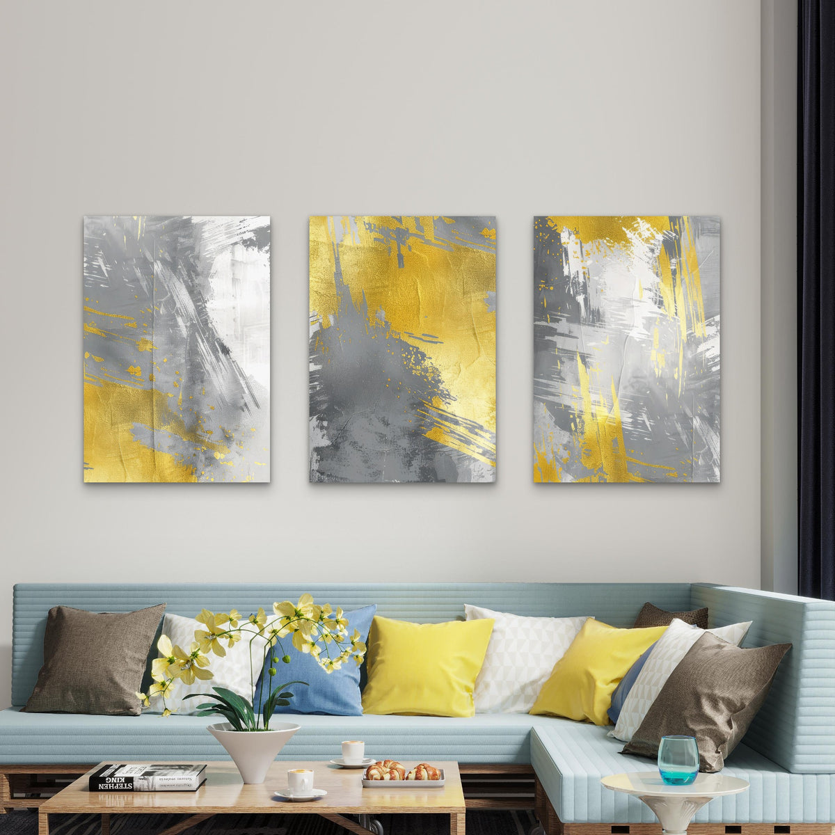 3pcs Modern Yellow Gray Brushstroke Art Painting Wall Art Set Canvas Framed 60x90cm - High Quality Print 100% Australian Made Wall Canvas Ready to Hang