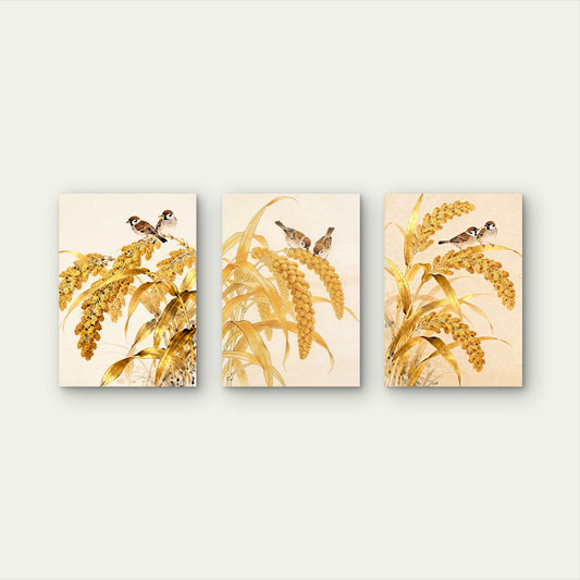 3pcs Vintage Chinese Watercolor Bird Rice Stalk Wall Art Set Canvas Framed 50x70cm - High Quality Print 100% Australian Made Wall Canvas Ready to Hang