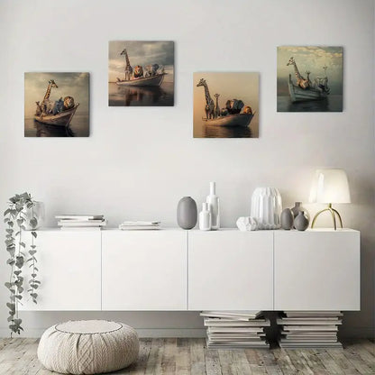 4pcs Animals sailing travel Lions elephants hippos giraffes Wall Art Canvas Framed