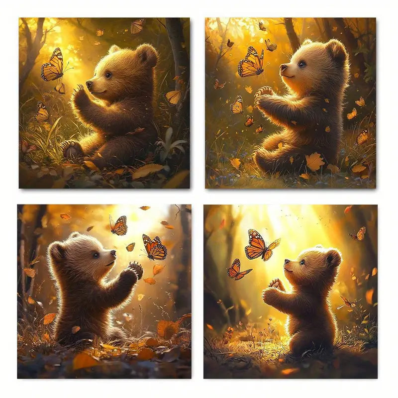 4pcs  Bear Butterfly Poster Modern Wall Art Canvas Framed