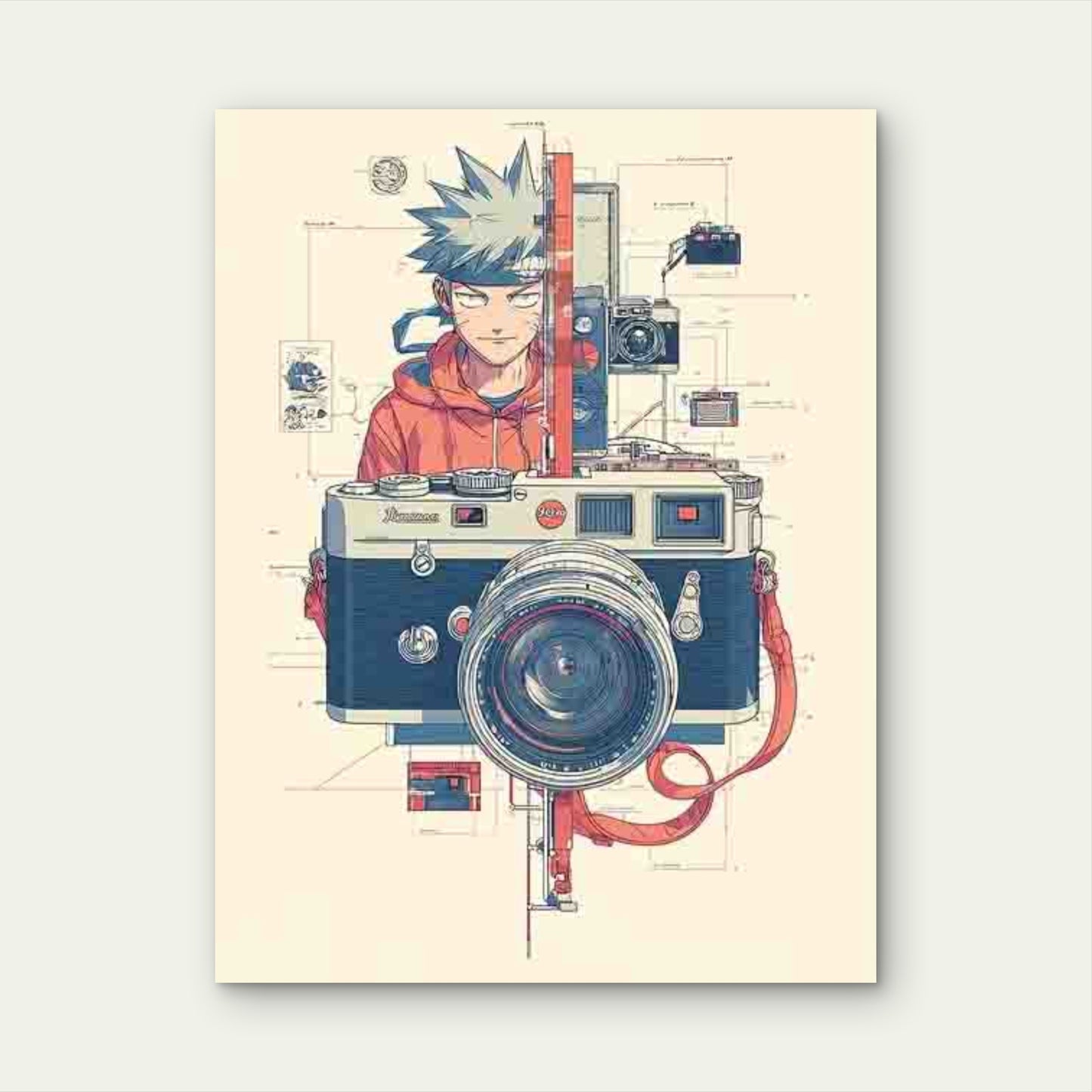 Retro Photography Decor with Red Camera Diagrams 60x90cm Metal Print Ready to Hang