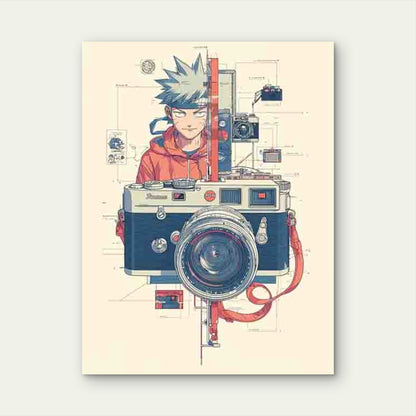 Retro Photography Decor with Red Camera Diagrams 60x90cm Metal Print Ready to Hang