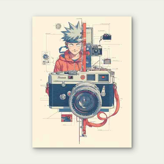 Retro Photography Decor with Red Camera Diagrams Metal Print Ready to Hang