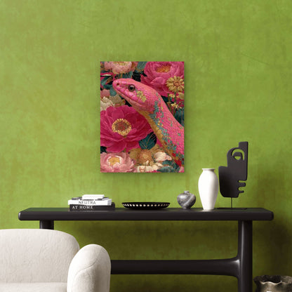 Pink Snake in a Blooming Garden 60x90cm Metal Print Ready to Hang