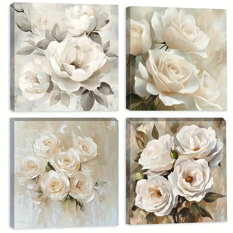 4pcs Romantic Aesthetic White Roses   Wall Art Canvas Framed
