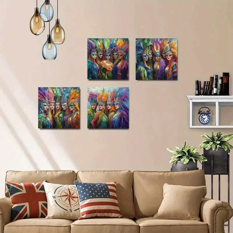 4pcs FH  Women Feather Headdresses Wall Art Canvas Framed
