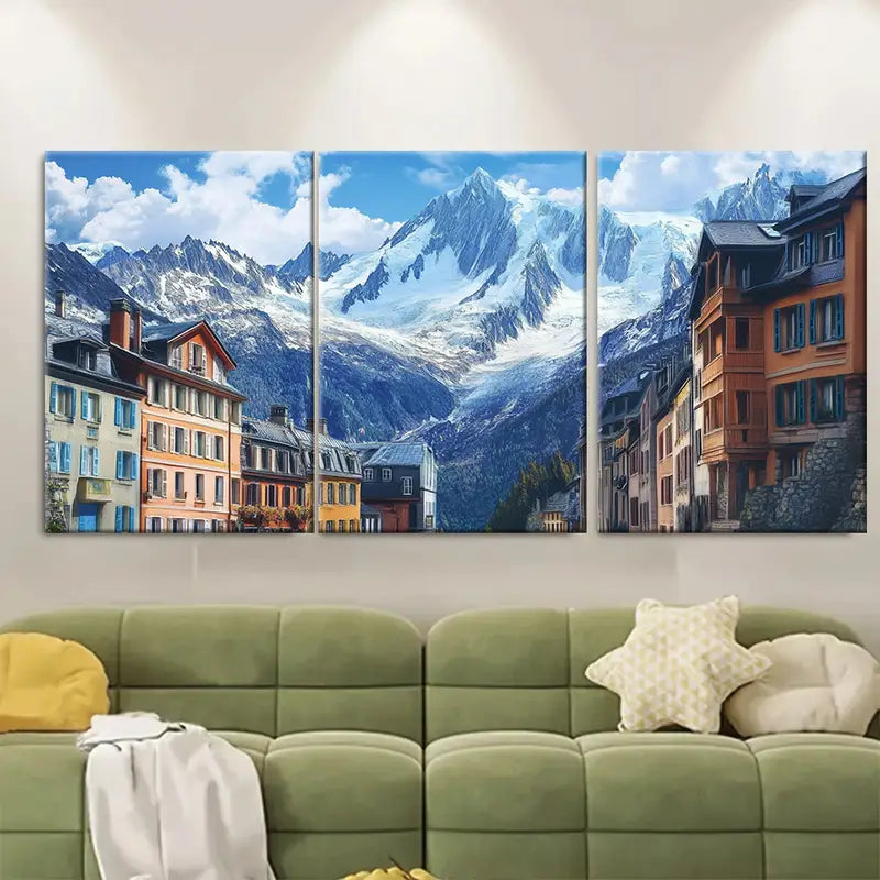 3pcs Chamonix Mountain Landscape Wall Art Set Canvas Framed 60x90cm - High Quality Print 100% Australian Made Wall Canvas Ready to Hang