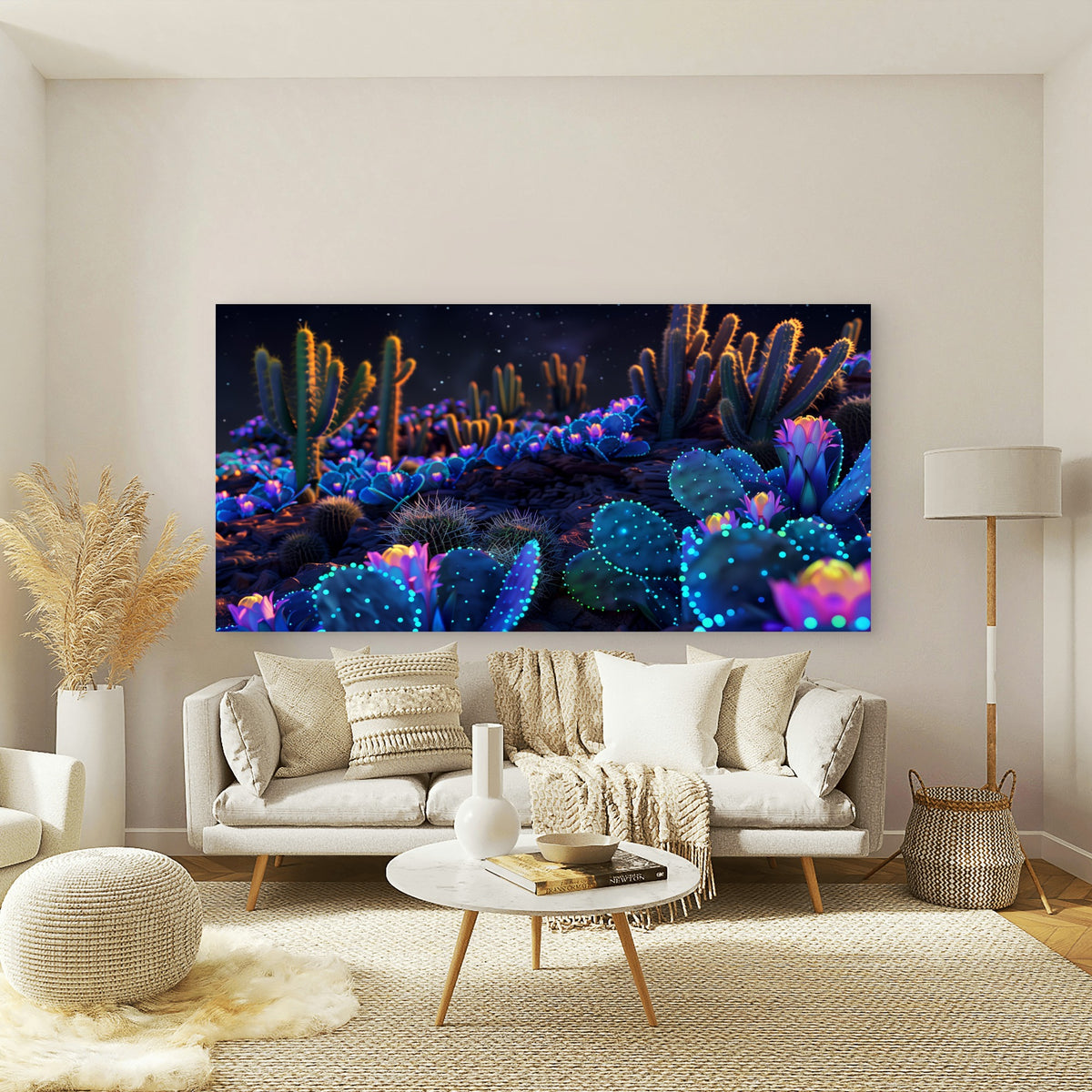 Neon Desert Flower Garden Wall Art Canvas Office Home Room Framed 120x60cm