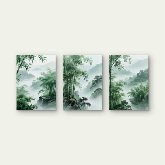 3pcs Zen Green Bamboo Forest Misty Mountain Wall Art Set Canvas Framed 50x70cm - High Quality Print 100% Australian Made Wall Canvas Ready to Hang