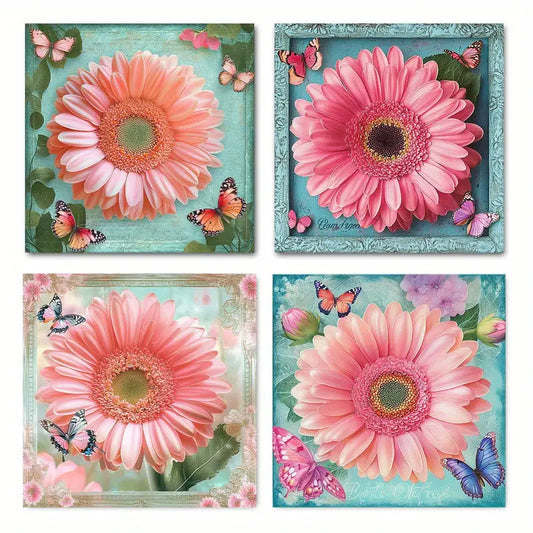 4pcs Colorful Butterfly Red Chrysanthemum Deco Wall Art Canvas Framed