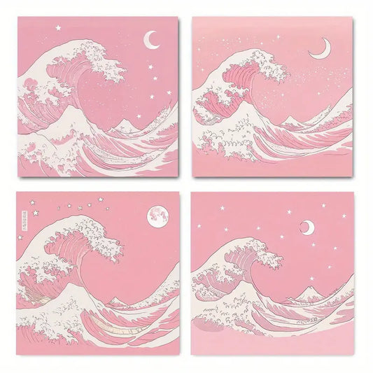 4pcs Pink Sea Wave PD    Wall Art Canvas Framed