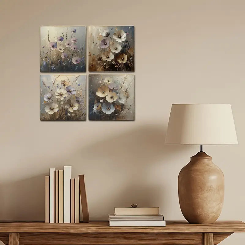 4pcs Vibrant Wildflowers & Butterflies Wall Art Canvas Framed