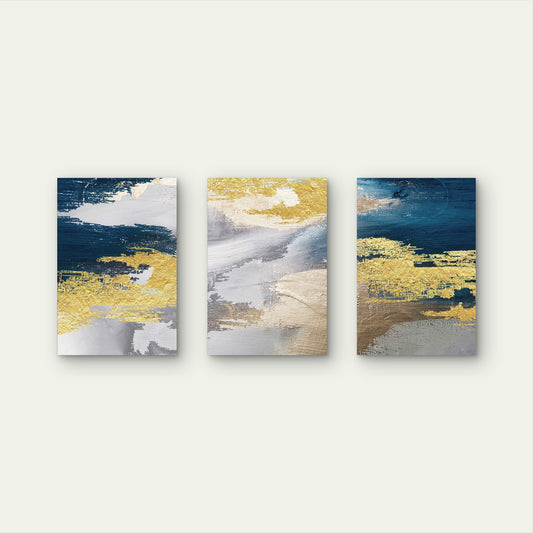 3pcs Navy Blue Gold Foil Abstract Modern Wall Art Set Canvas Framed 50x70cm - High Quality Print 100% Australian Made Wall Canvas Ready to Hang