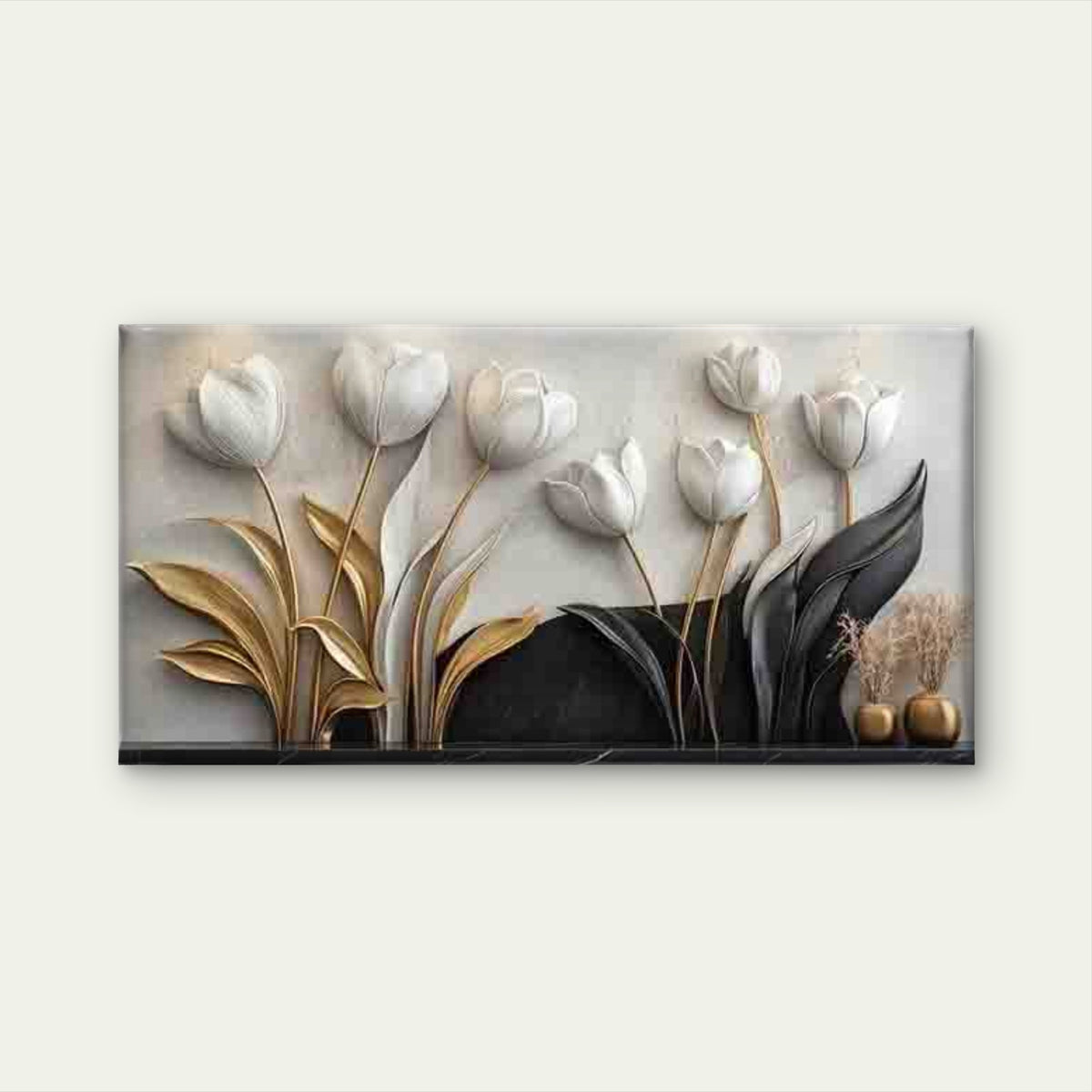 Abstract Tulip White & Golden Wall Art Canvas Office Home Room Framed 120x60cm