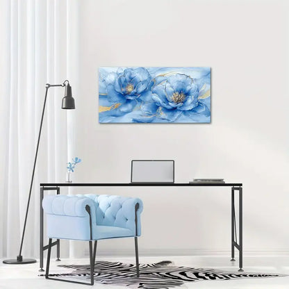 Abstract Flower Blue & Golden Floral Wall Art canvas office home room framed 120x60cm