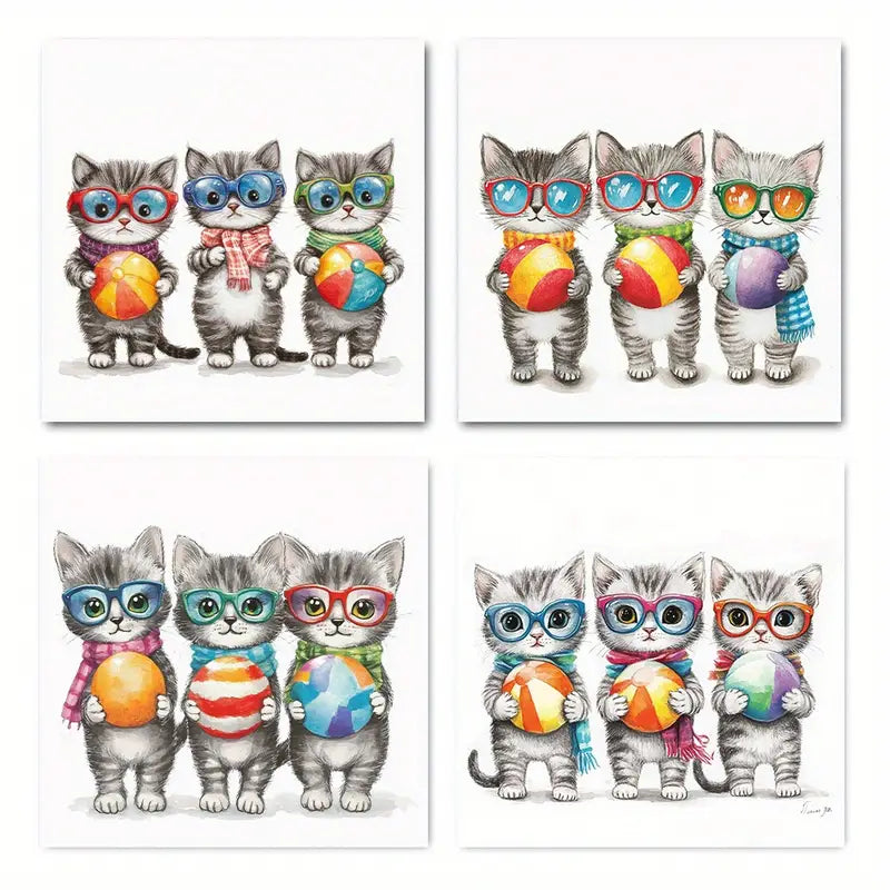 4pcs Cute Cat Art Print Canvas Wall Art Canvas Framed