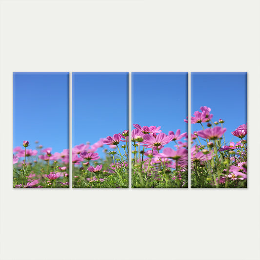 4pcs Pink Cosmos Flower Meadow Blue Sky Field Wall Art Canvas Framed 45x80cm - High Quality Print 100% Australian Made Wall Canvas Ready to Hang