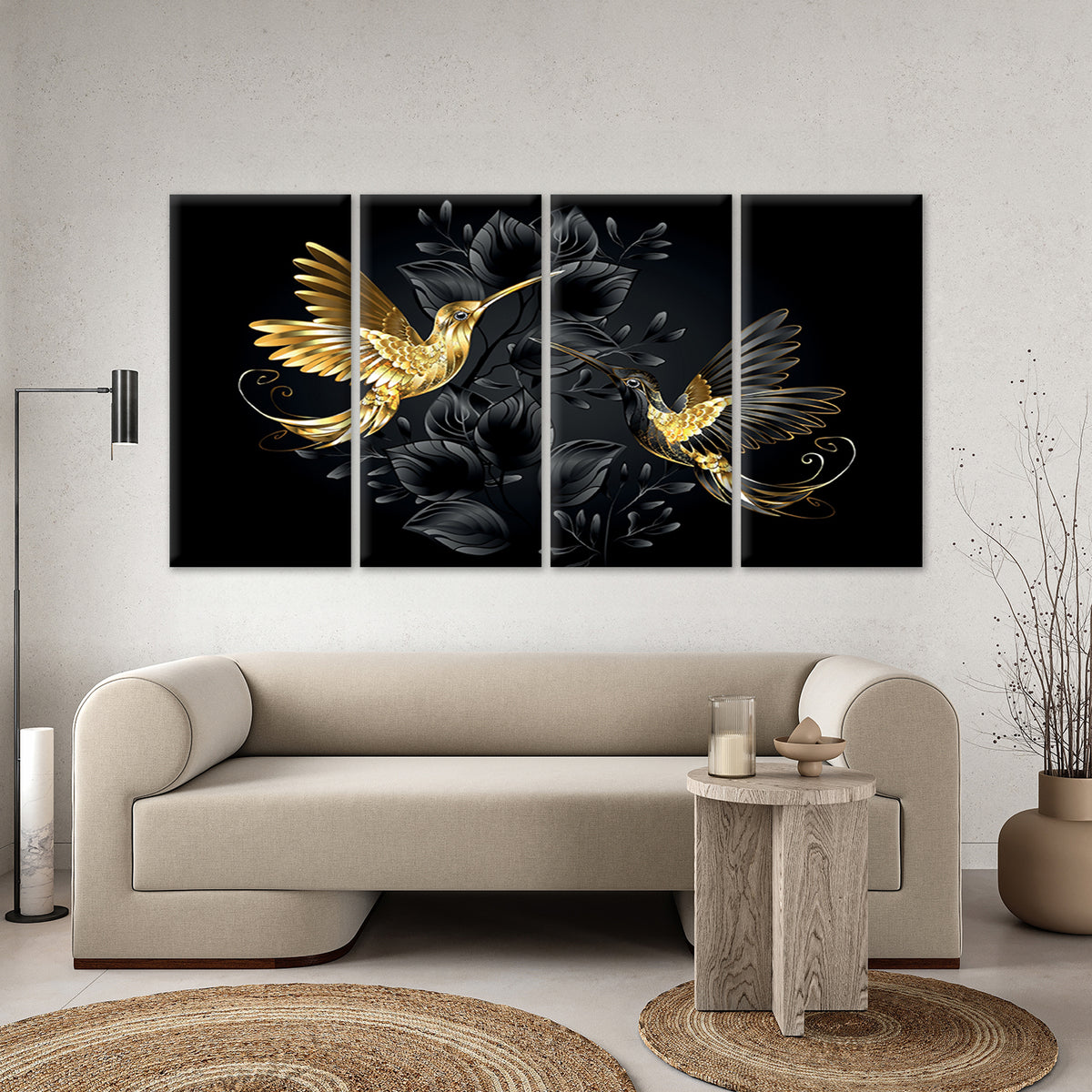 4pcs Luxury Golden Hummingbirds Black Leaf Wall Art Canvas Framed 45x80cm - High Quality Print 100% Australian Made Wall Canvas Ready to Hang