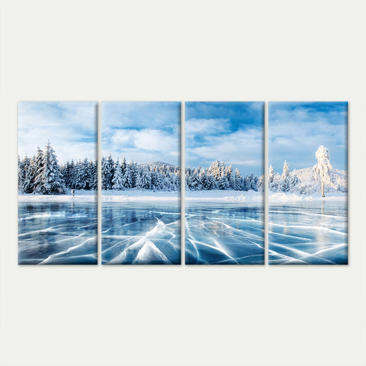 4pcs Frozen Lake Ice Winter Snow Forest Woods Wall Art Canvas Framed 45x80cm - High Quality Print 100% Australian Made Wall Canvas Ready to Hang