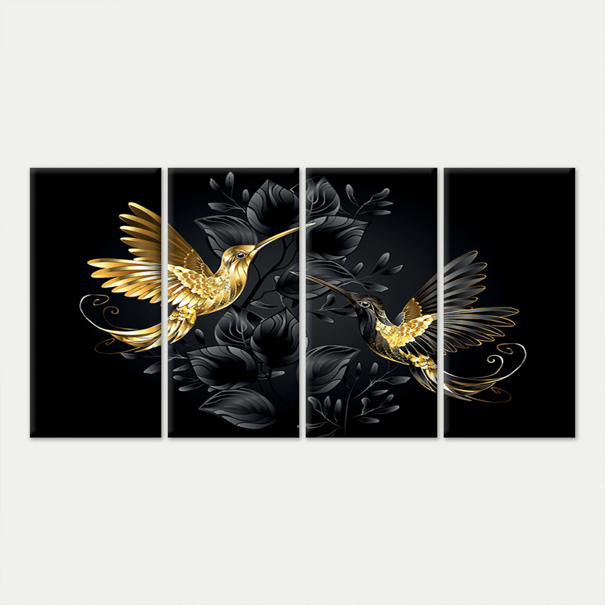 4pcs Luxury Golden Hummingbirds Black Leaf Wall Art Canvas Framed 45x80cm - High Quality Print 100% Australian Made Wall Canvas Ready to Hang