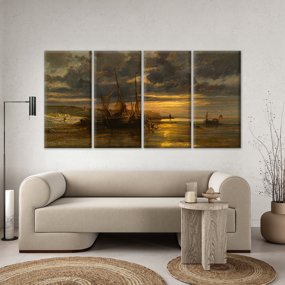 4pcs Vintage Beached Fishing Boats Sunset Wall Art Canvas Framed 45x80cm - High Quality Print 100% Australian Made Wall Canvas Ready to Hang