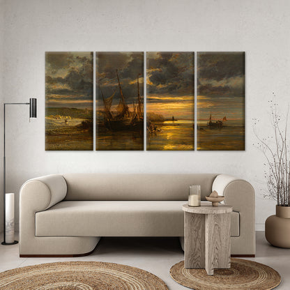 4pcs Vintage Beached Fishing Boats Sunset Wall Art Canvas Framed 45x80cm - High Quality Print 100% Australian Made Wall Canvas Ready to Hang