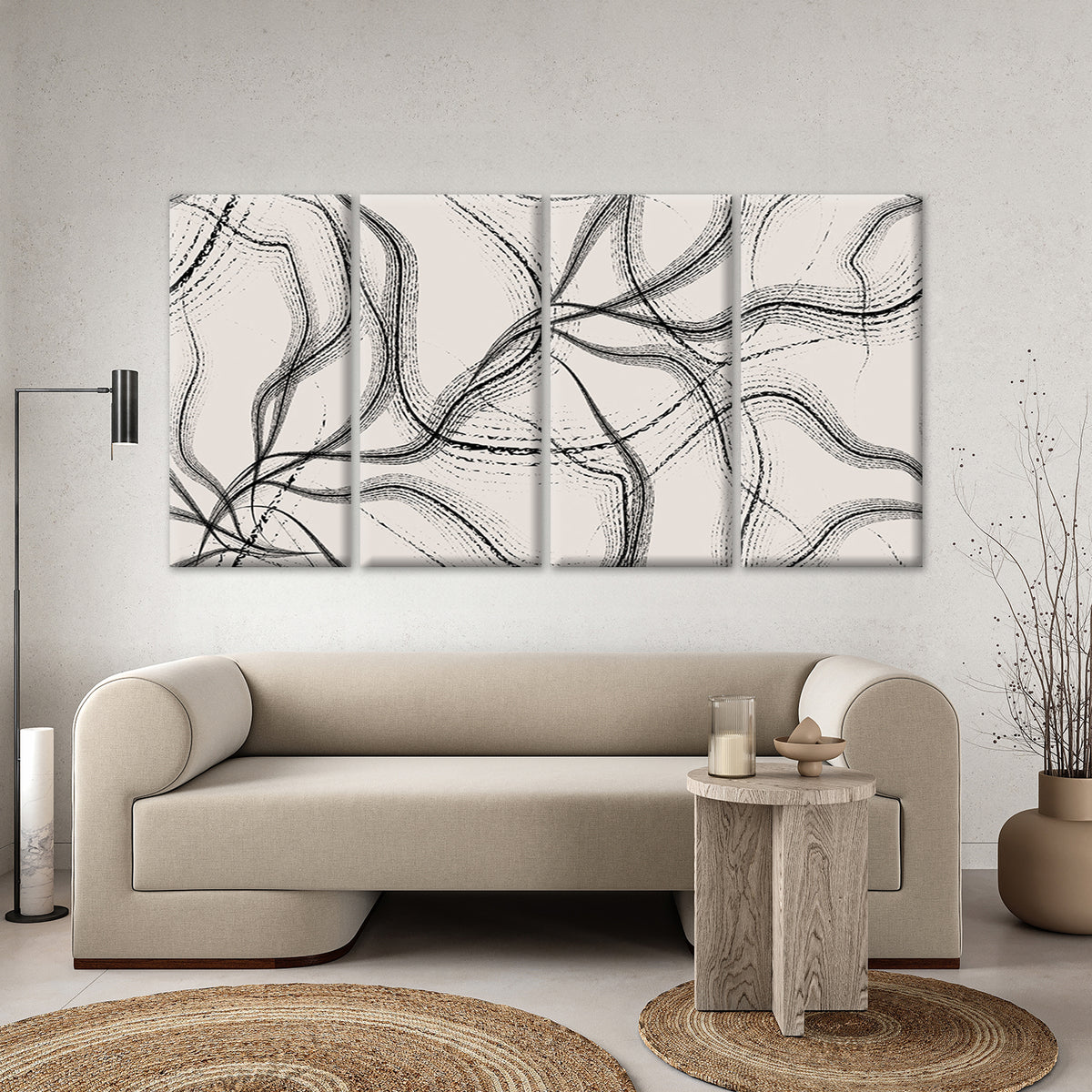 4pcs Minimalist Black Ink Abstract Lines Wall Art Canvas Framed 45x80cm - High Quality Print 100% Australian Made Wall Canvas Ready to Hang