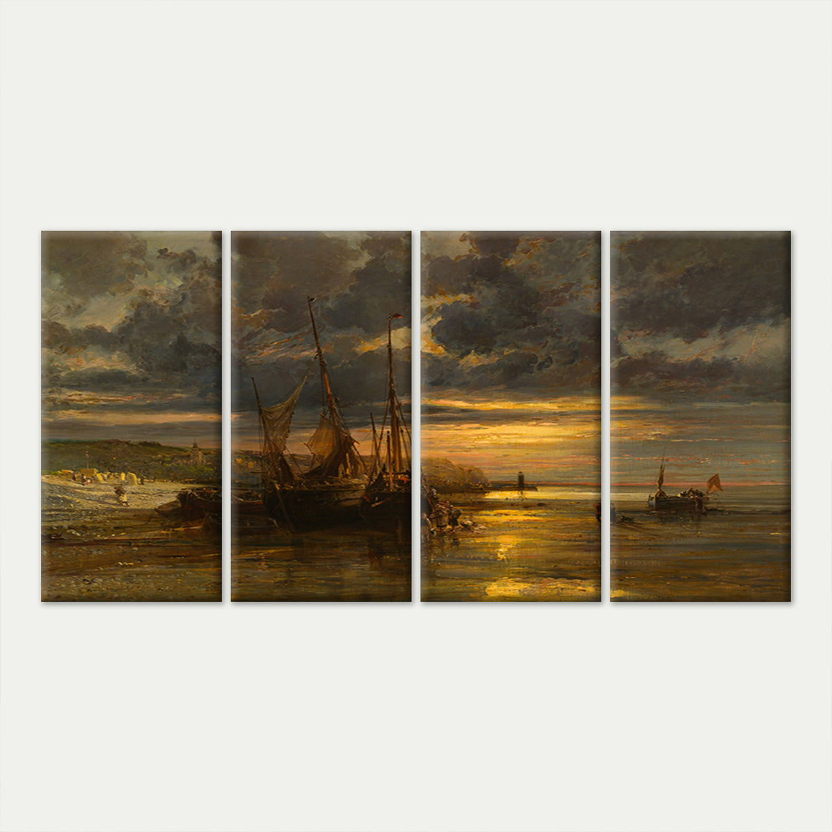 4pcs Vintage Beached Fishing Boats Sunset Wall Art Canvas Framed 45x80cm - High Quality Print 100% Australian Made Wall Canvas Ready to Hang