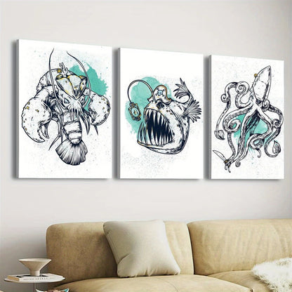 3pcs Abstract Pirate Lobster & Octopus Design Metal Print Ready to Hang Art