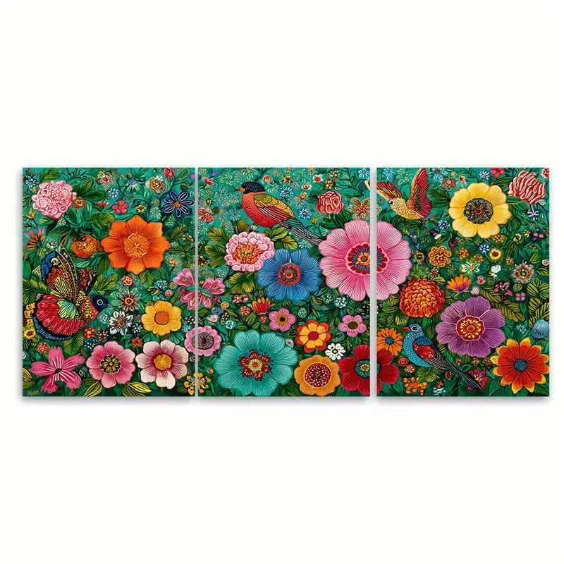 3pcs Vibrant Peruvian Folk Art Floral Bird Wall Art Set Canvas Framed 60x90cm - High Quality Print 100% Australian Made Wall Canvas Ready to Hang