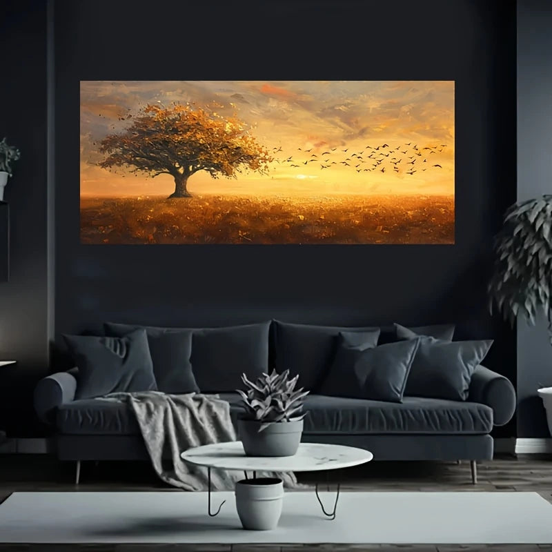 Golden Tree& Birds Artwork Wall Art wall canvas office home room framed 120x60cm - Bella Home Decor