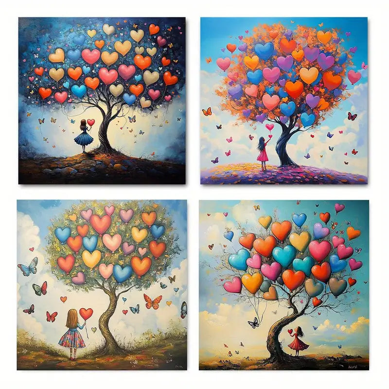 4pcs Girl Heart Balloon Butterfly Tree Canvas Wall Art Canvas Framed