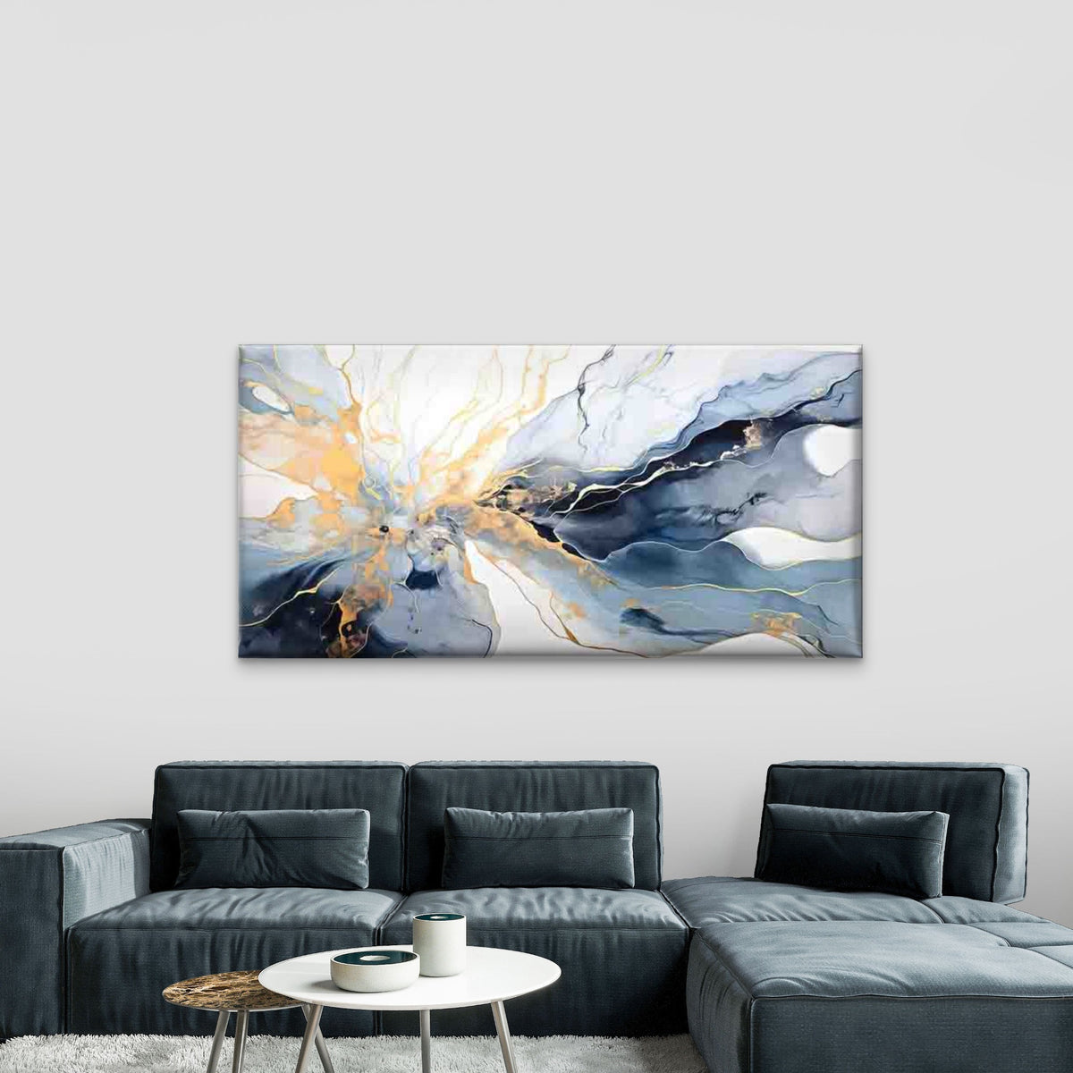 Abstract Fluid Art in Blue Wall Art Canvas Office Home Room Framed 120x60cm