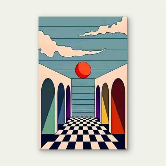 Abstract with Archway Black and White Checkerboard Floor 60x90cm Metal Print Ready to Hang - Bella Home Decor