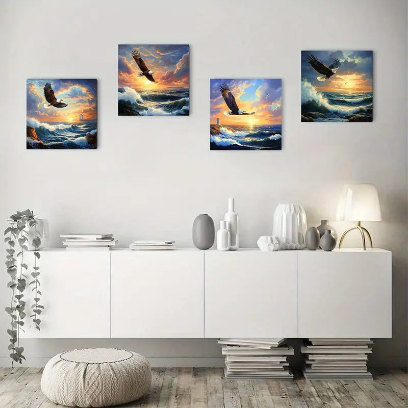 4pcs Painting Scenic Lighthous Wall Art Canvas Framed