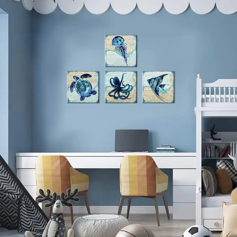 4pcs Fish, Sea Turtle, Jellyfish, Octopus Wall Art Canvas Framed