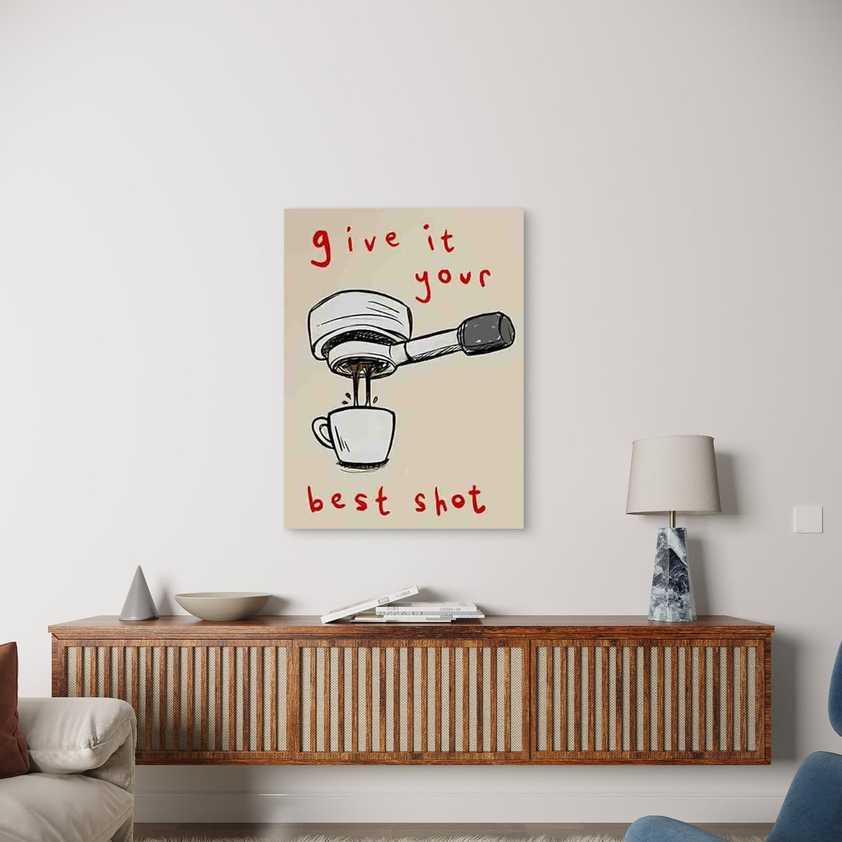 Coffee Machine Pouring into White Cup Design Metal Print Ready to Hang