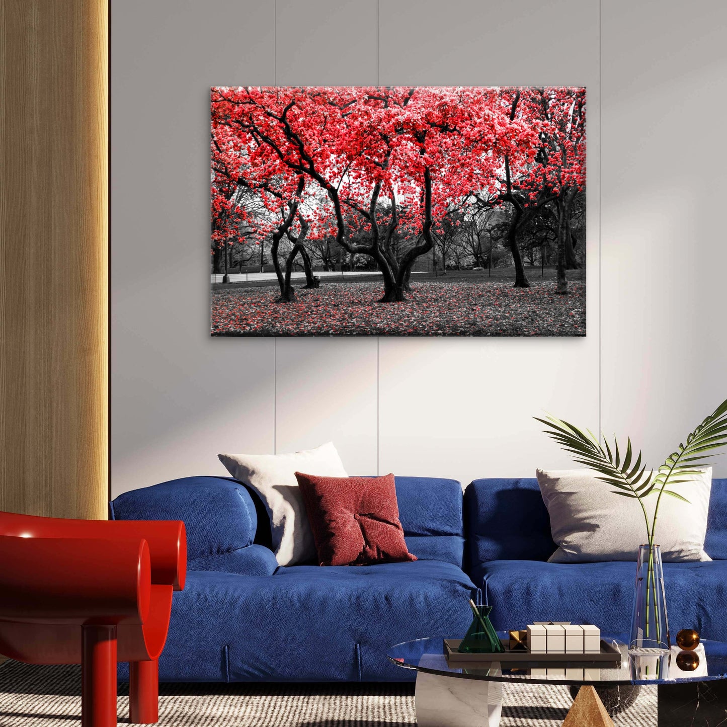 Red Flower Tree Black and White Forest Wall Art Decor 100% Australian Made