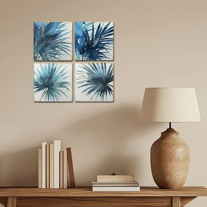 4pcs Blue Colour Plam Leaves Wall Art Canvas Framed