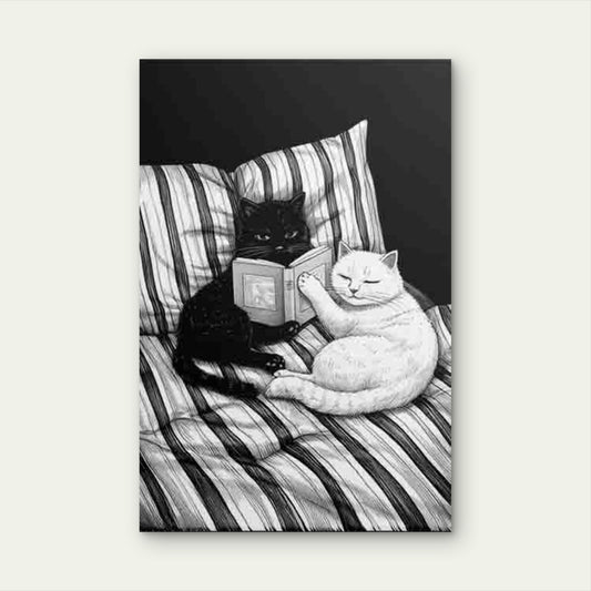 Black and White Cat Reading Book 60x90cm Metal Print Ready to Hang