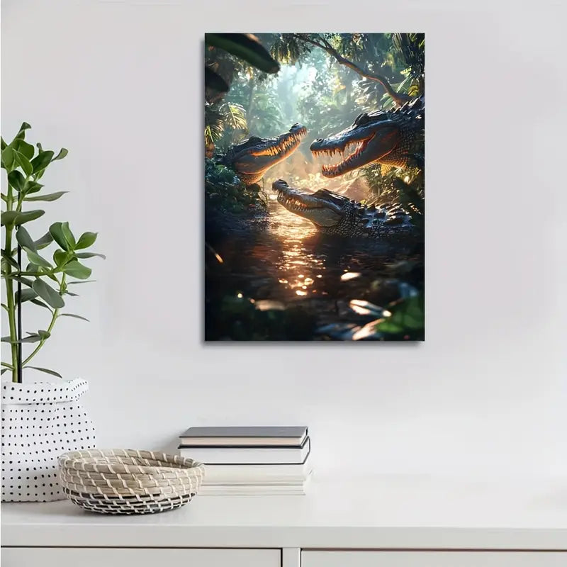Fantasy Jungle Scene with Playful Crocodiles 40x60cm Metal Print Ready to Hang